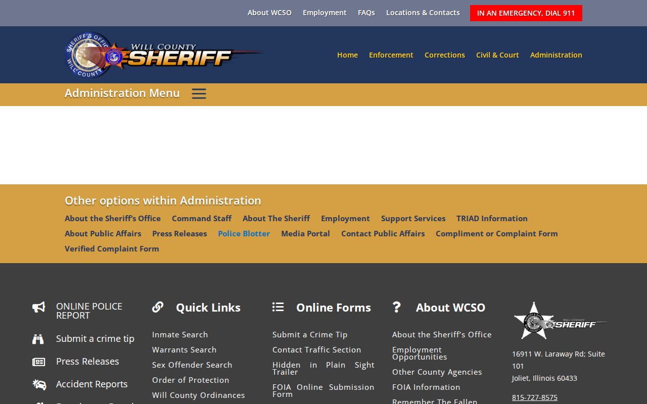 Will County Sheriff's Office official police blotter interface
