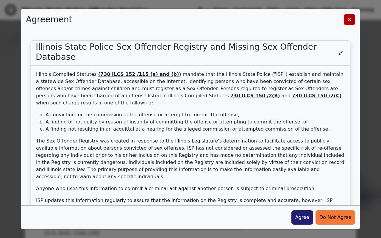 Illinois State Police sex offender registry disclaimer screen